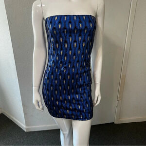 New Peacock Blue Gold Sequin Windsor Mini Dress XS